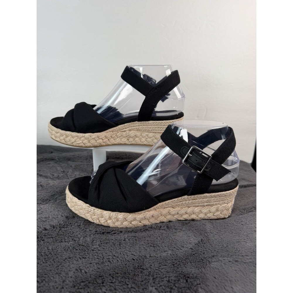 TOMS Kinsley Women’s 7.5 Black Espadrille Wedge Sandals Ankle Strap Peep Toe